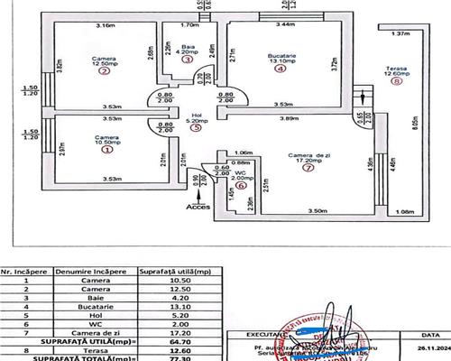 Apartament mobilat 67 mpu 3 camere decomandat 2 bai terasa 13 mp parcare