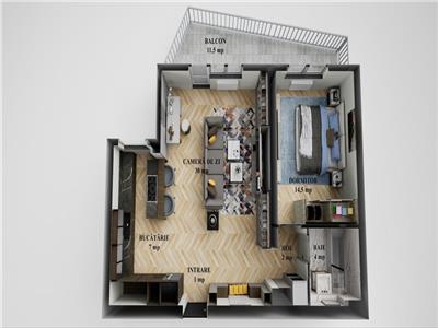 Apartament mobilat 60 mp utili la etajul 1 cu 2 camere terasa 12 mp