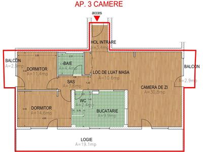 Apartament 92 mp utili etajul 1 cu 3 camere 3 balcoane 25 mp Rahovei