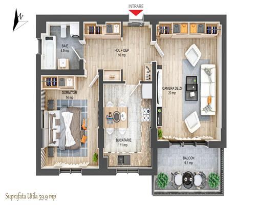 Apartament 62 mpu cu 3 camere balcon 9 mp zona Ciresica