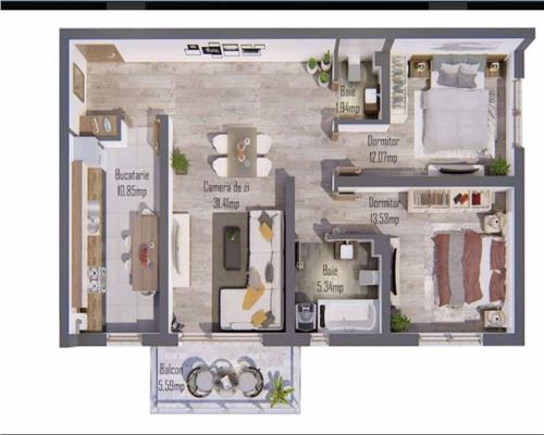 Apartament modern 3 camere 2 bai parcare si pod masardabil in Selimbar